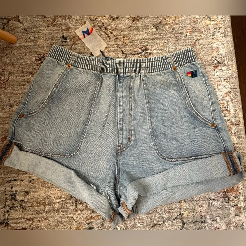 Aviator Nation Hi Rise Skater Cutoff Check Back Pocket Denim Shorts NWT - Picture 6 of 7